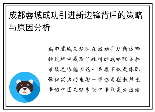 成都蓉城成功引进新边锋背后的策略与原因分析 成都蓉城成功引进新边锋背后的策略与原因分析
