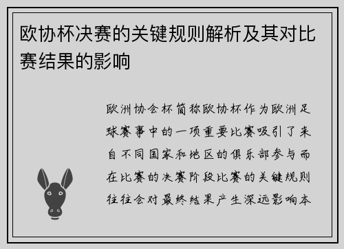 欧协杯决赛的关键规则解析及其对比赛结果的影响 欧协杯决赛的关键规则解析及其对比赛结果的影响
