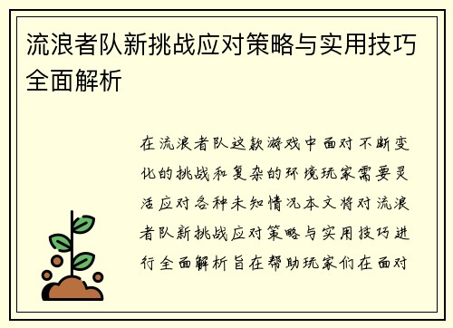 流浪者队新挑战应对策略与实用技巧全面解析